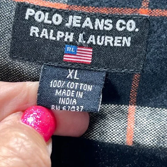 Ralph Lauren Polo Jeans Co XL Plaid Button-Up Shirt XL Long Sleeve Black Orange - Picture 6 of 12